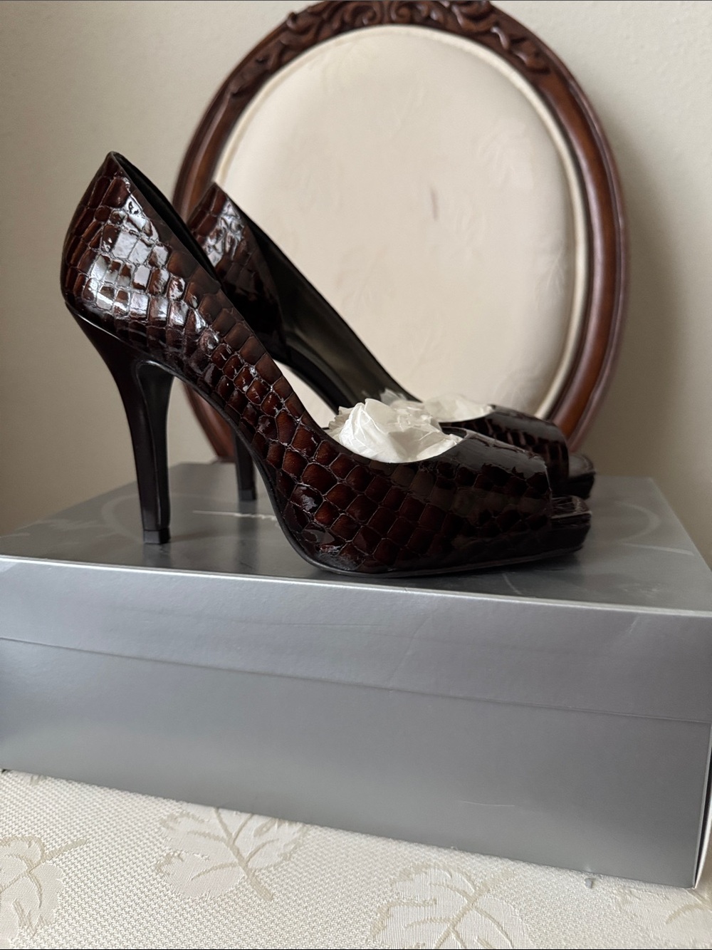Brown Croc-Embossed Peep-Toe High Heels